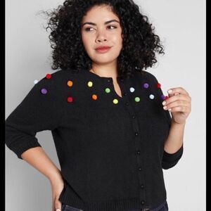 NEVER WORN Black ModCloth cardigan with colourful pom poms